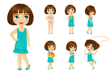 Little girl stands in similar poses with different emotions. Smiling child, in underwear or dress, jumping rope, with gift in hands, eating icecream, shyly lowered her eyes, frowns with arms crossed.