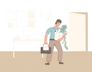 Unemployed man. Dismissed sad clerk holding paper box leaving his office. Work crisis. Fired man. Vector illustration. 
