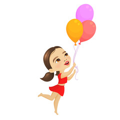 Happy little girl plays with balloons, cute cartoon illustration on white background