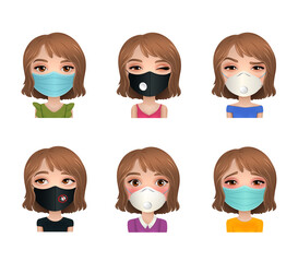 Masked girl with different emotions set, stop coronavirus