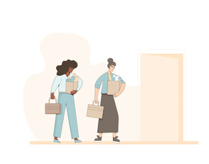 Fototapeta na wymiar Unemployed women. Dismissed sad coworkers holding paper box collection leaving their office. Work crisis. Fired unhappy women with his things isolated on white background. Vector illustration. 