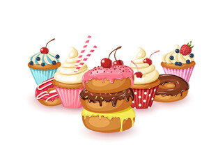 Set of sweet bakery. Vector glazed donuts, cupcakes with cherry, strawberries and blueberries isolated on white. Desert for menu, advertising and banners. Food design 