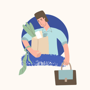 Unemployed character. Dismissed sad person holding paper box. Work crisis. Fired unhappy man portrait with his things isolated on white background. Job search. Vector flat illustration. 