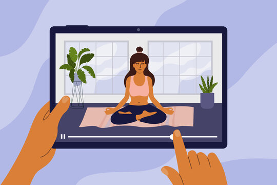 Online studying yoga class. Young woman meditating in lotus pose. Hands holding digital tablet with girl doing relaxation exercises. Workout, activity at home. Healthy lifestyle vector illustration.