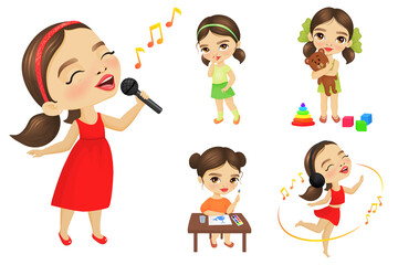 Set of adorable little girl in different activities. Cute girl sings, plays toys, smiles and shy, paints, listen music.