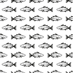 Cod Fish Vector Seamless pattern. Hand Drawn Doodle Sketch Codfish. Seafood Background
