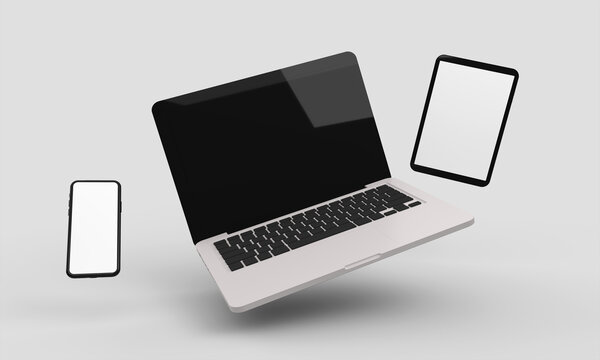 Flying Laptop, mobile and tablet 3d rendering mockup .3d illustration