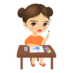 Cute cartoon girl sitting at a table and paints