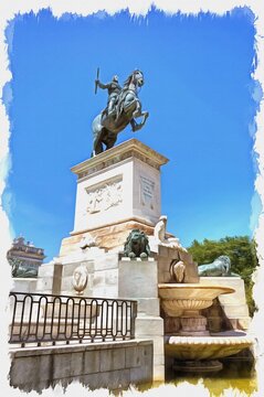 Madrid. Equestrian sculpture of king of Spain Philip II. Imitation of oil painting. Illustration