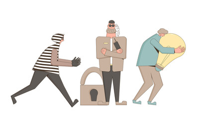 Intellectual property rights. Vectror character with creaive new idea symbol. Plagiarism and infringement of copyright