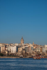 Fototapeta na wymiar View of the city and Galata tower from the sea