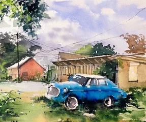 Fototapete Watercolor Painting - Car at Countryside © CYC