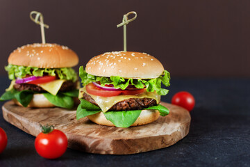 Beef burger with fresh salad, cheese and tomatoes on dark background.