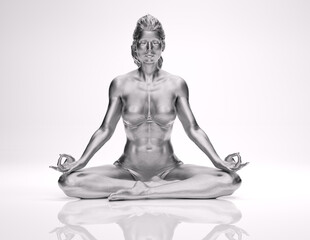3D Rendering : A sculpture of a woman meditating on the ground floor with silver texture. A woman is sitting and practicing yoga in silence