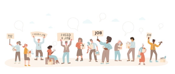 Fototapeta premium Protests against dismissal. Fired people vector flat.