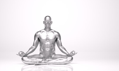 Fototapeta na wymiar 3D Rendering : A sculpture of a man meditating on the ground floor with silver texture. A man is sitting and practicing yoga in silence