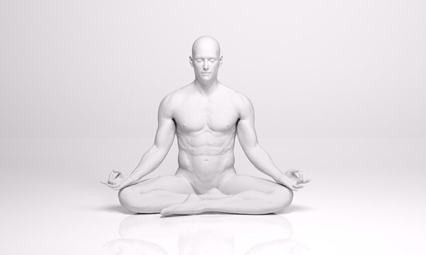 3D Rendering : A sculpture of a man meditating on the ground floor with silver texture. A man is sitting and practicing yoga in silence