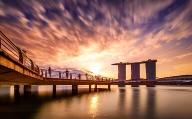Singapore river view over Marina Bay Sands, Science Arts museum, Helix bridge.  iconic view during sunrise
