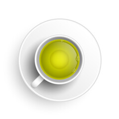 Realistic 3d cup of hot aromatic freshly brewed drink green tea. A teacup top view isolated on white background. Vector illustration for web, design, menu, app
