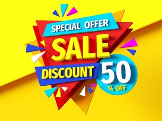 Sale special offer - 3d rendering concept advertising concept banner. Discount 50% off. Promotion creative layout. Bright raster bitmap digital illustration. Marketing print poster. 