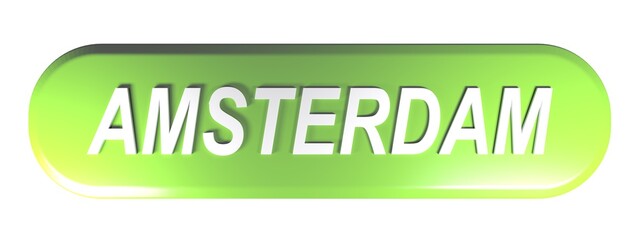 AMSTERDAM green rounded rectangle push button - 3D rendering illustration