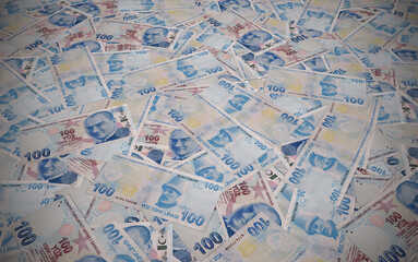 Turkish Money Background, 100 Turkish Money, Central Bank of the Republic of Turkey, Turkish Currency, 3D Render
