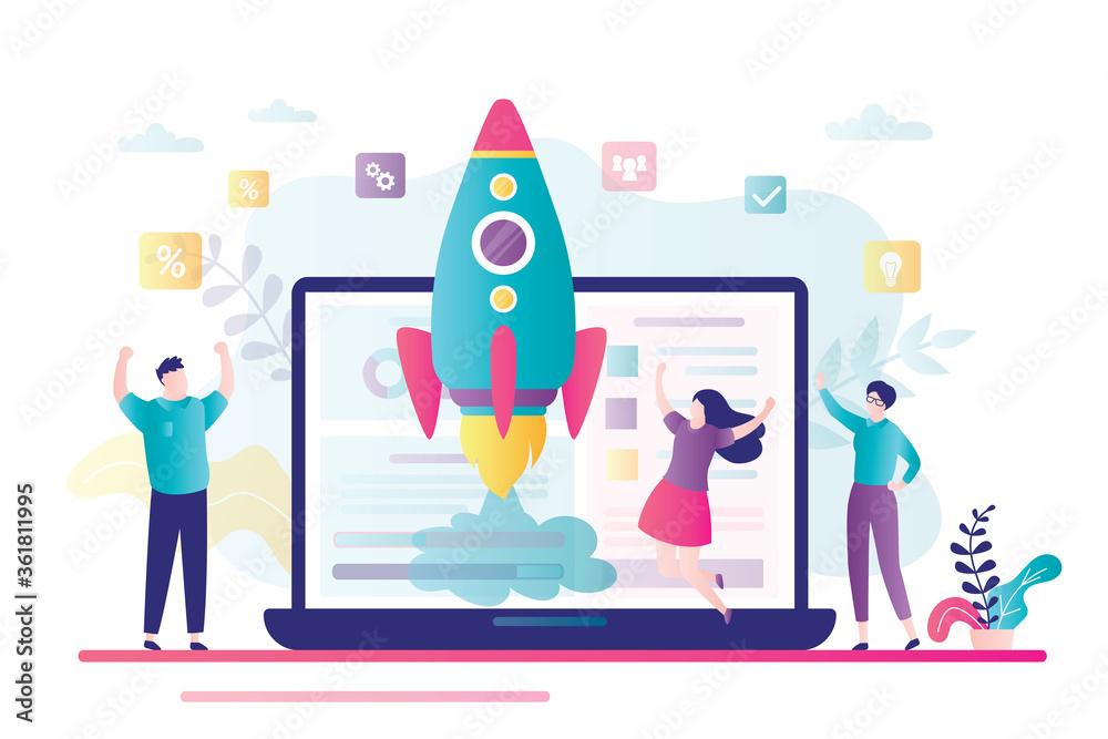 Wall mural happy developers, completion of successful business project. creating an online startup. rocket take