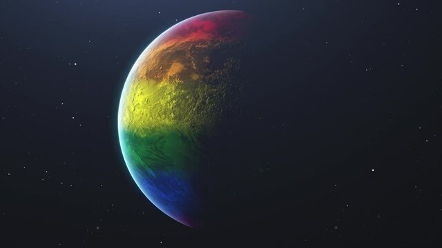 White stars. Rotating planet earth in outer space is shrouded in colorful stripes. 
Rainbow wraps around the earth. 3D Render. Images from NASA. 
