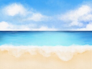 tropical beach with blue sky and clouds watercolor painting on paper