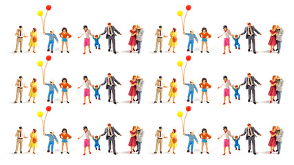 miniature people on white background.
