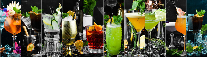 Collage. Colored Alcoholic Cocktails. Top view. On a black background.