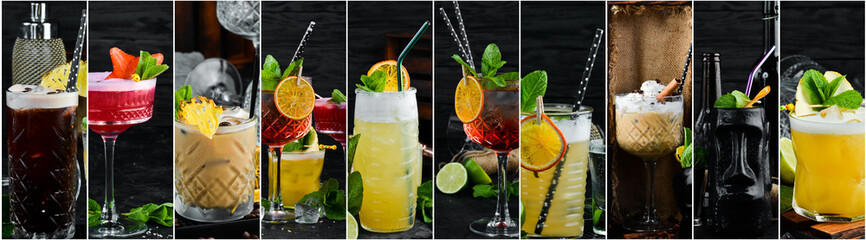 Collage. Colored Alcoholic Cocktails. Top view. On a black background.