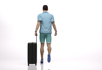 3D Render : The portrait of male traveler with the luggage in his hand, walking in the studio