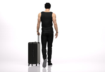 3D Render : The portrait of male traveler with the luggage in his hand, walking in the studio