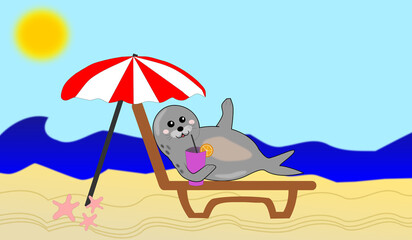 illustration a seal on the beach with a cocktail under an umbrella