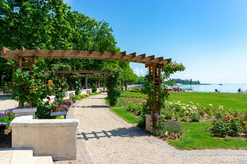 Pergola arbor Pathway park with flowers to lake Balaton in Balatonfured, Hungary