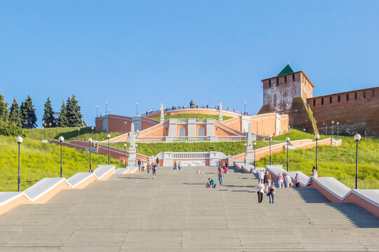 Steps Chkalovskaya stairs and the tower of the Kremlin in Nizhny Novgorod