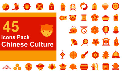 Flat icons pack about chinese culture and modern festivals celebrate the new year with ornament lantern decorations Lotus flower