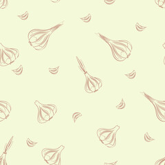 Vector seamless pattern of garlic heads silhouette on a light green background.