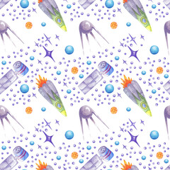 Seamless pattern of space with rocket, satellites and stars in space. Decorative watercolor pattern for washi, package, wrapping,  covering, print, scrapping, washi, tape, fabric, textile.