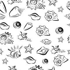 Seamless vector pattern with the image seashells. Graphic, black and white.