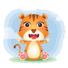 cute little tiger in the children's style. cute cartoon tiger vector illustration