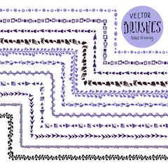 Hand drawn vector pattern brushes, worked inner and outer corner tiles. for use as a framework, stroke, ornaments, borders. Vector graphics. Stock illustration.