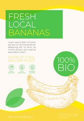 Fresh Local Fruits Label Template. Abstract Vector Packaging Design Layout. Modern Typography Banner with Hand Drawn Bananas Sketch Silhouette Background.