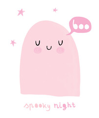 Happy Halloween. Spooky Night. Funny Hand Drawn Halloween Vector Illustration with Sweet Pink Ghost  and Stars. Cute Ghost Isolated on a White Background. Halloween Card.