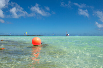 Fototapeta na wymiar Picture of a safety line with orange ball in the turquoise water of the Caribbean Ocean on Sorobon Beach in Bonaire