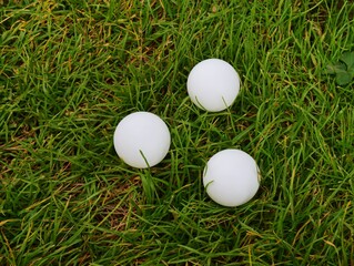 Three white ping pong balls on a background of green grass close-up, selective focus