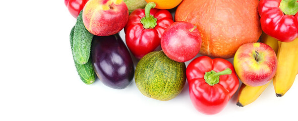 Assortment of fruits and vegetables isolated on white background. Wide photo. Free space for text.