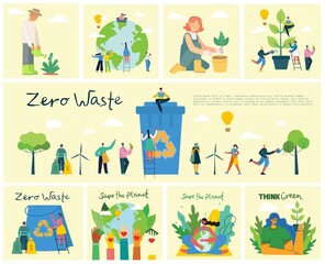 Fototapeta premium Set of eco save environment pictures. People taking care of planet collage. Zero waste, think green, save the planet, our home hand written text in the modern flat design