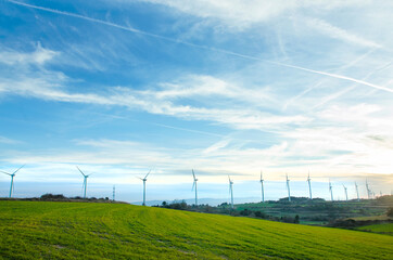 row of Windmills in a green landscape